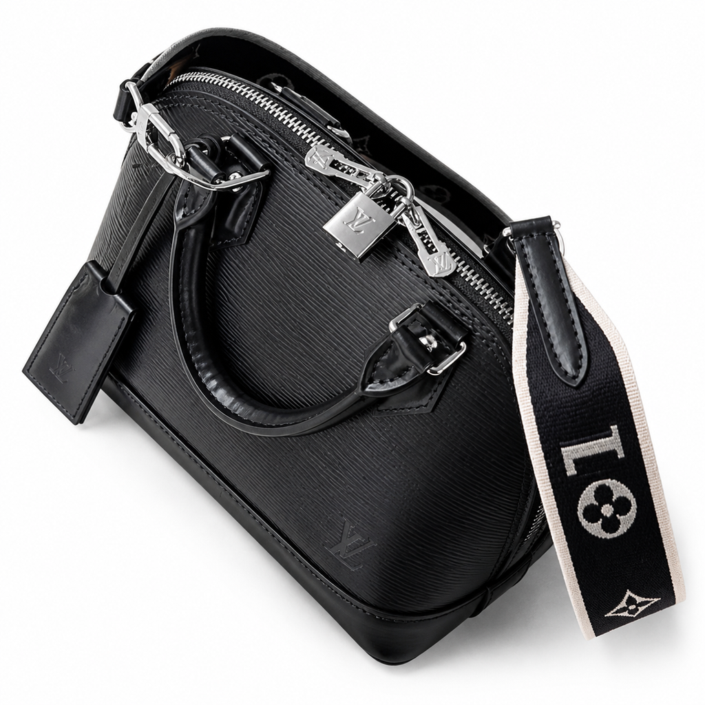 LV Alma BB Epi Leather Noir Black Wide LOUIS VUITTON Lettering Jacquard Crossbody Strap Silver Hardware Top Handle Bag