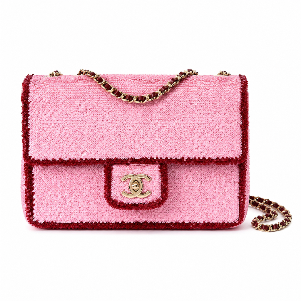 Chanel Pale Pink & Burgundy Sequin Flap Bag | Precision Geometric Border, Rose Gold Chain & Hidden CC Zip Pull
