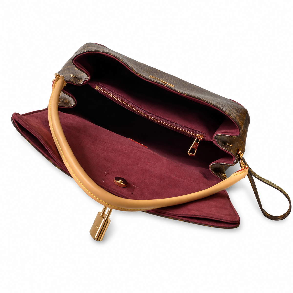LV Beverly MM Monogram Canvas Vachetta Leather Corner Guards Gold LV Padlock Flap Top Handle Bag