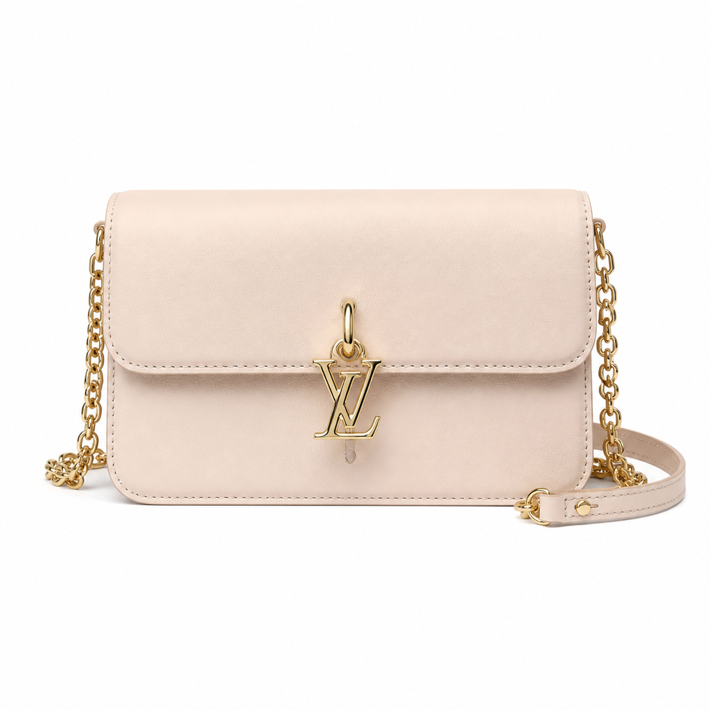 LV LockMe Tender Smooth Calfskin Rose Ballerine Blush Pink Hanging Gold LV Lock Chain Leather Strap Crossbody Bag
