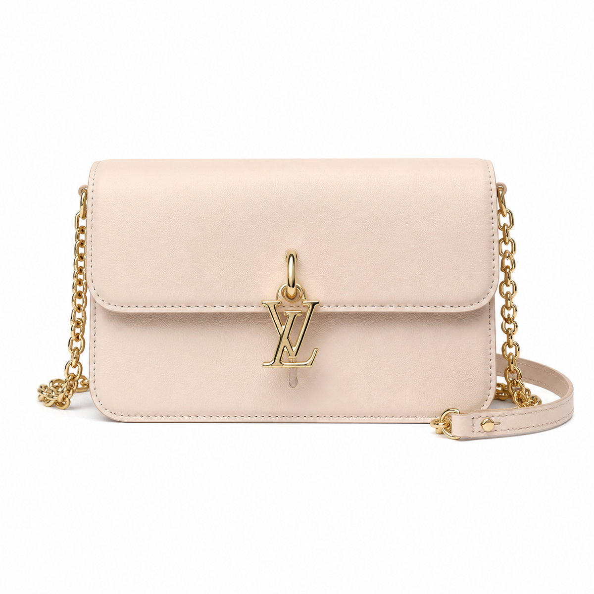 LV LockMe Tender Smooth Calfskin Rose Ballerine Blush Pink Hanging Gold LV Lock Chain Leather Strap Crossbody Bag