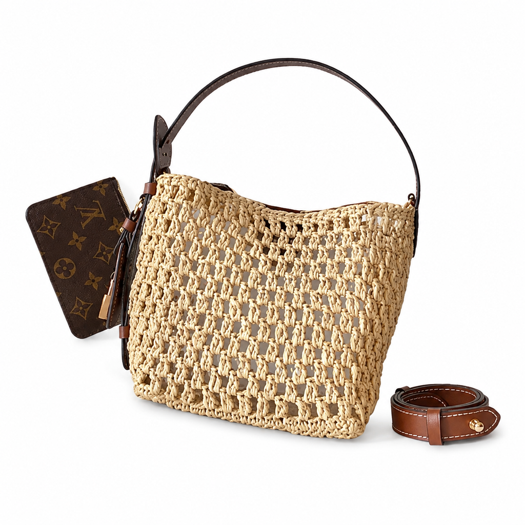 LV Raffia Open-Weave Crochet Top Handle Bag Natural Tan Calfskin Trim Summer Handbag