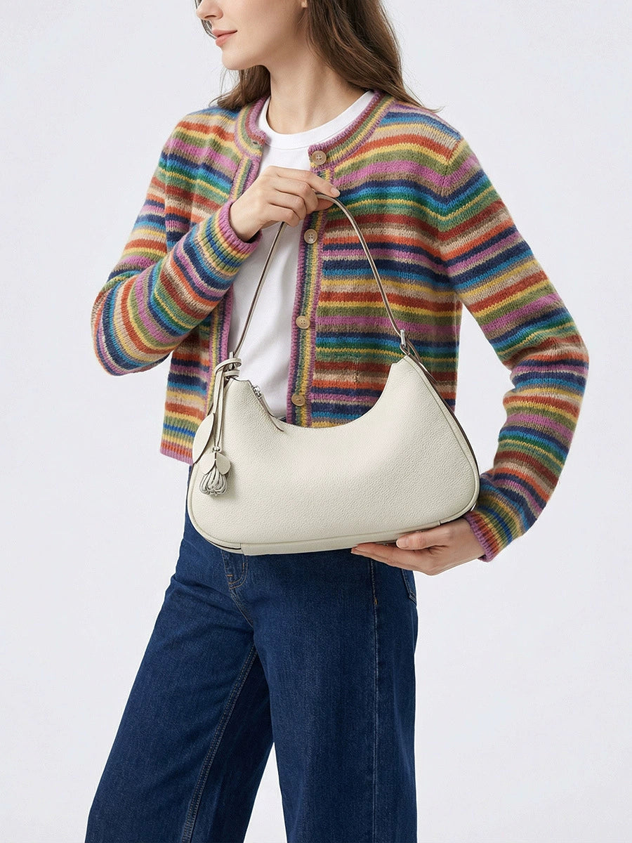 Women's Blush Pink Crescent Shoulder Bag – Floral Tassel Charm