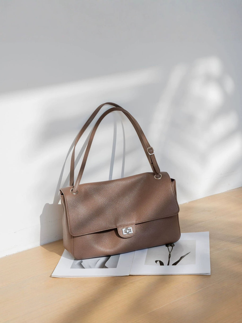 Mocha Brown Pebbled Leather Flap Shoulder Bag | Silver Turn-Lock Classic Handbag for Women