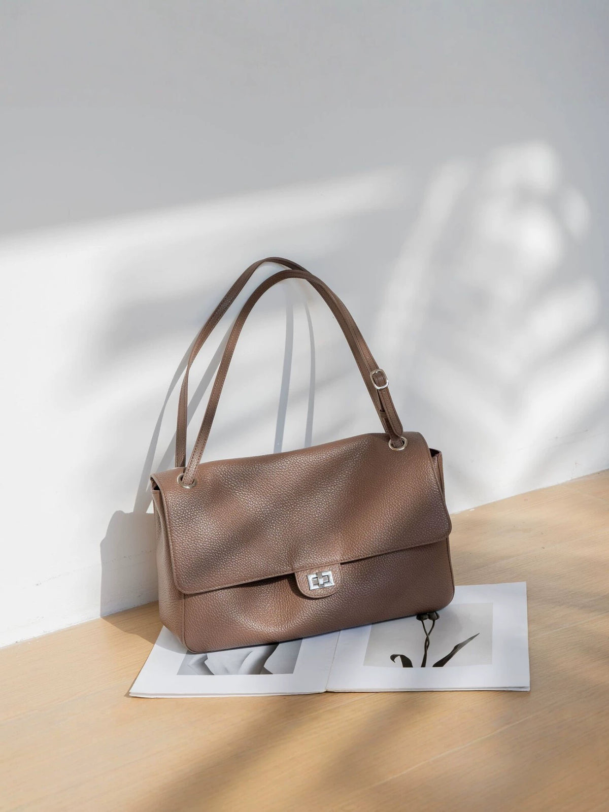 Mocha Brown Pebbled Leather Flap Shoulder Bag | Silver Turn-Lock Classic Handbag for Women