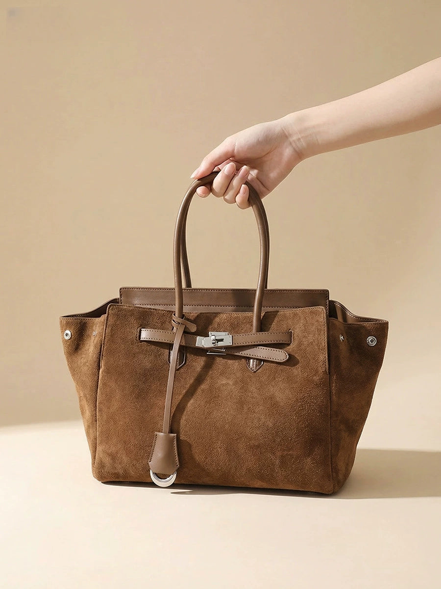 Brown Suede Wing Tote Bag | Belted Zip-Top Leather Handle Handbag for Women