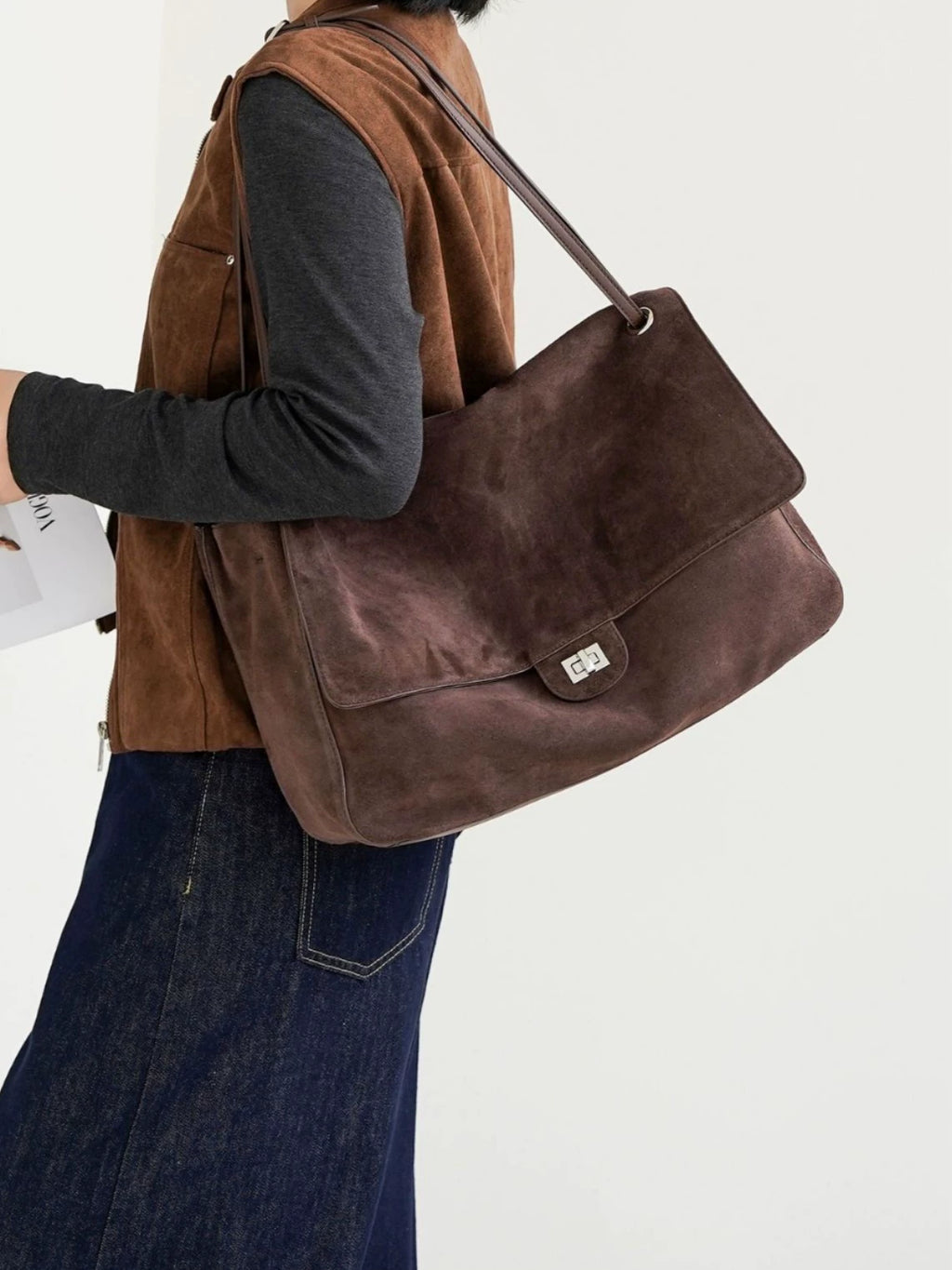 Women's Brown Suede Flap Shoulder Bag – Silver Turn-Lock Closure