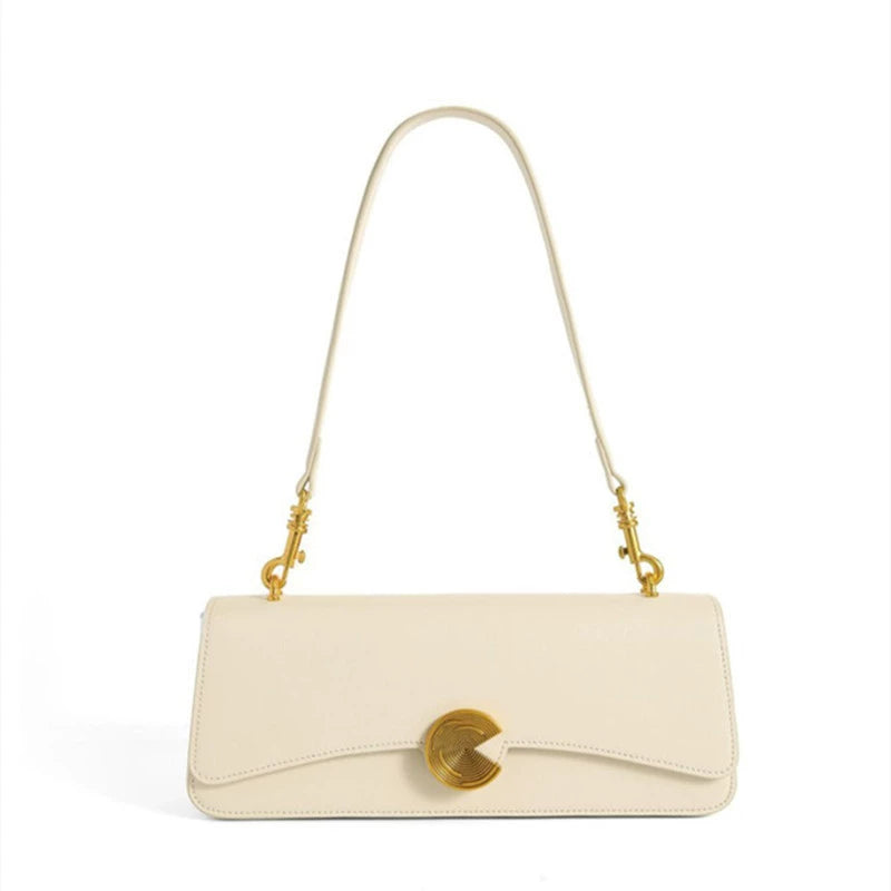 Cream Leather Flap Clutch Bag | Gold Spiral Clasp Slim Shoulder & Evening Bag for Women