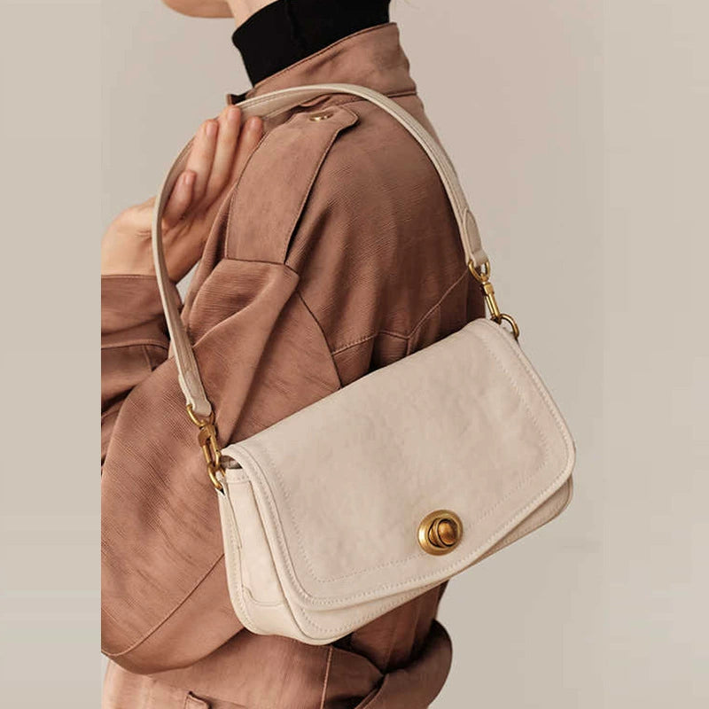 Women's White Croc-Embossed Crossbody Bag – Gold Turn-Lock Flap