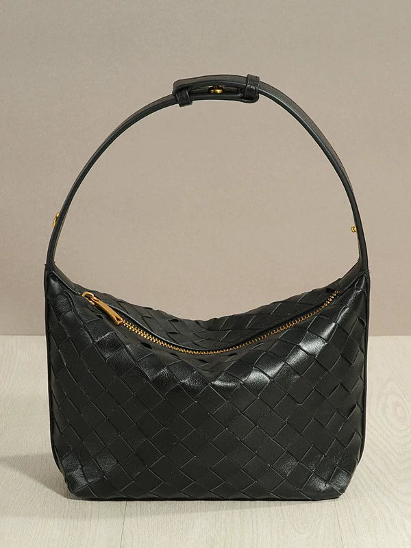 Black Woven Leather Hobo Bag | Large Zip-Top Interlace Shoulder Bag for Women