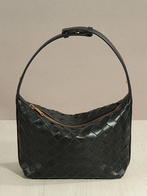 Black Woven Leather Hobo Bag | Large Zip-Top Interlace Shoulder Bag for Women