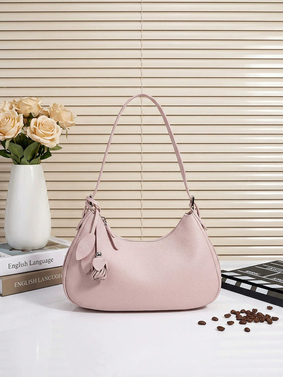 Women's Blush Pink Crescent Shoulder Bag – Floral Tassel Charm