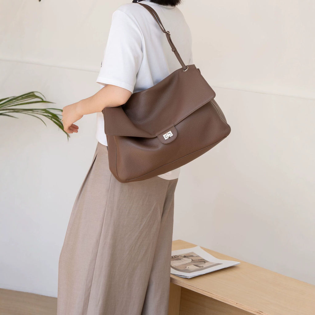 Mocha Brown Pebbled Leather Flap Shoulder Bag | Silver Turn-Lock Classic Handbag for Women