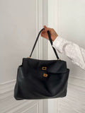 Black Leather Turn-Lock Shoulder Bag | Oversized Minimalist Work Handbag for Women