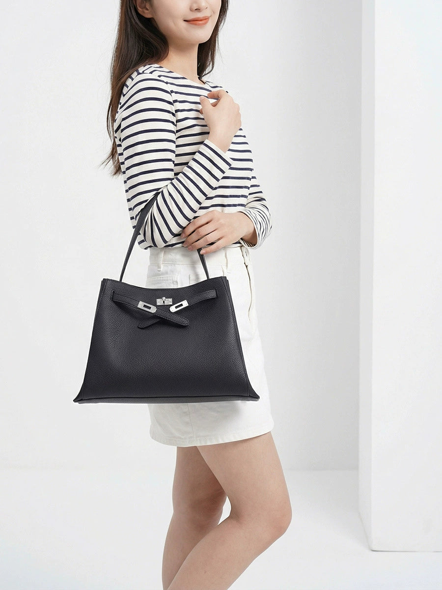 Black Pebbled Leather Shoulder Tote | Large Capacity Belt-Buckle Handbag for Women