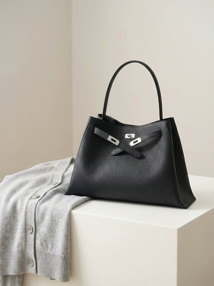 Black Pebbled Leather Shoulder Tote | Large Capacity Belt-Buckle Handbag for Women
