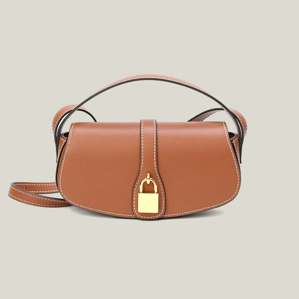 Tan Leather Saddle Bag with Gold Lock | Contrast Stitch Shoulder & Crossbody Handbag for Women