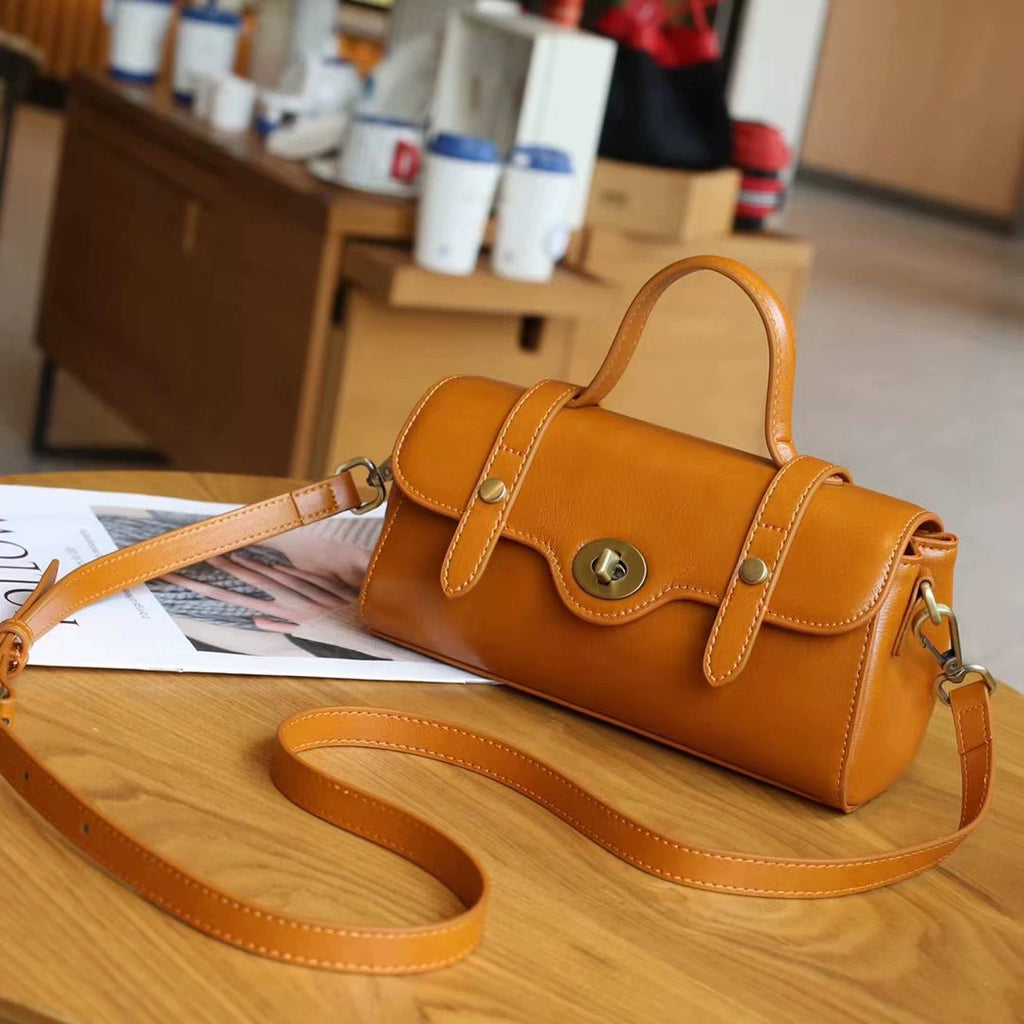 Tan Vintage Cylinder Bag | Antique Turn-Lock Mini Barrel Crossbody & Top Handle Handbag for Women