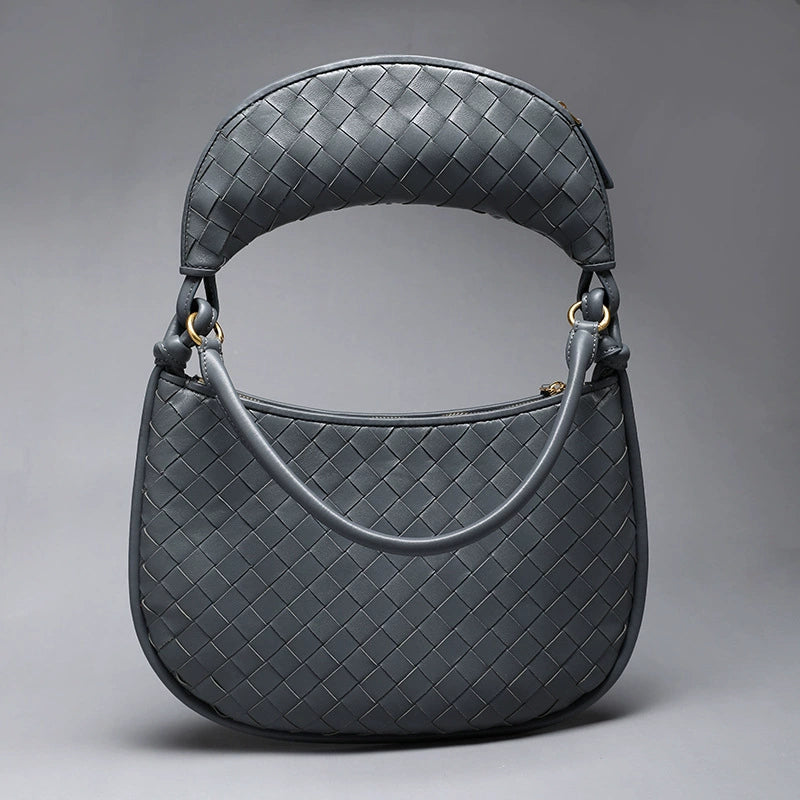 Woven Leather Half-Moon Shoulder Bag | Slate Blue Hobo Crossbody Handbag for Women