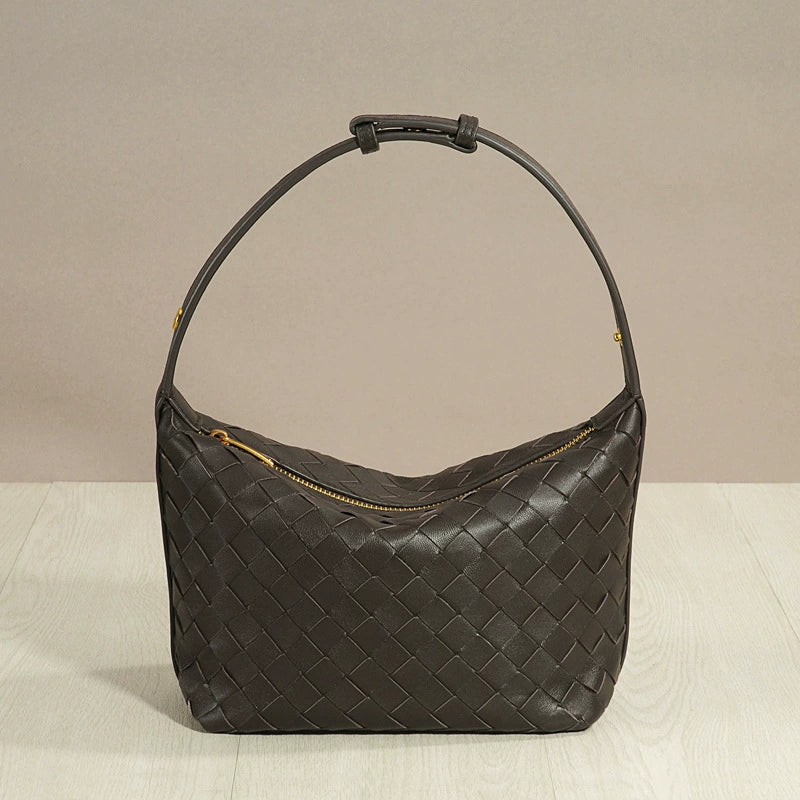 Black Woven Leather Hobo Bag | Large Zip-Top Interlace Shoulder Bag for Women