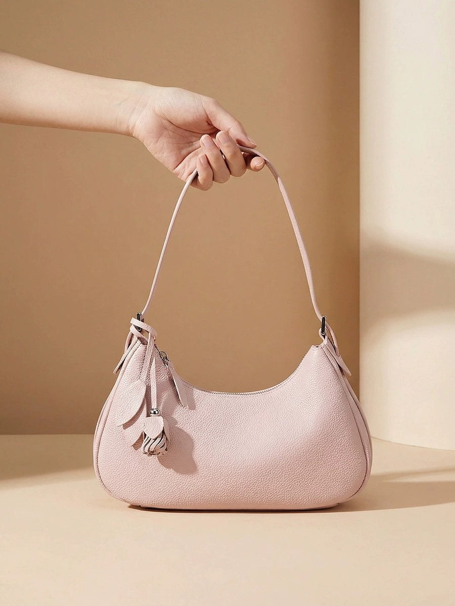 Women's Blush Pink Crescent Shoulder Bag – Floral Tassel Charm