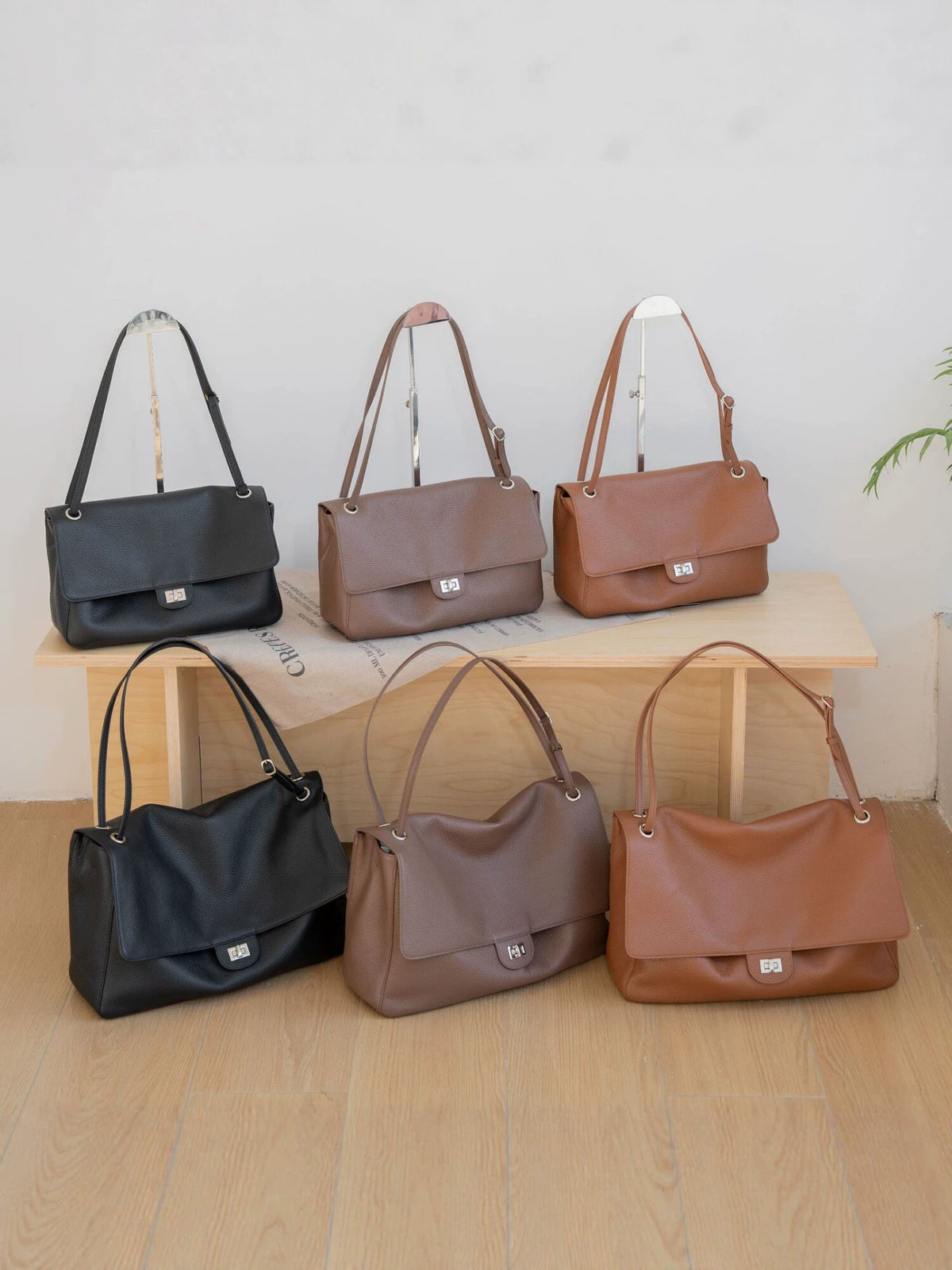 Mocha Brown Pebbled Leather Flap Shoulder Bag | Silver Turn-Lock Classic Handbag for Women
