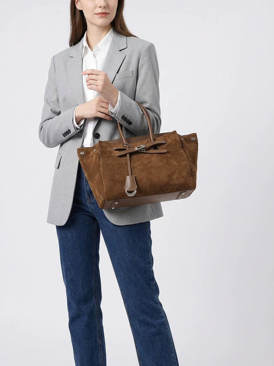 Brown Suede Wing Tote Bag | Belted Zip-Top Leather Handle Handbag for Women
