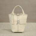 Cream Canvas Bucket Bag with Lock Charm | Structured Top Handle Women's Tote Handbag
