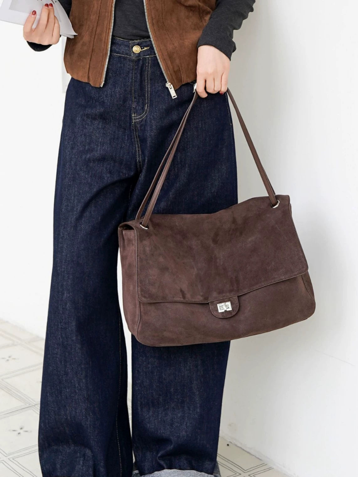 Women's Brown Suede Flap Shoulder Bag – Silver Turn-Lock Closure
