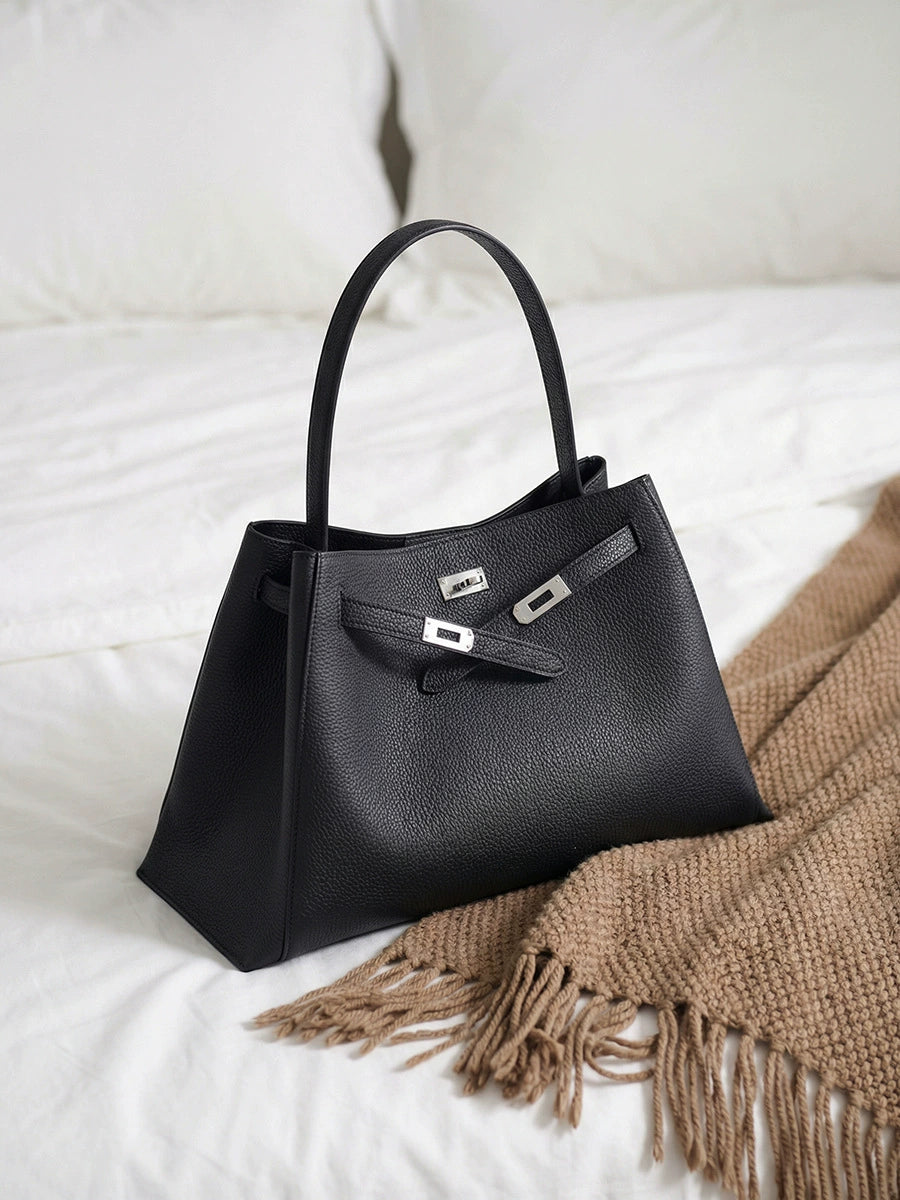 Black Pebbled Leather Shoulder Tote | Large Capacity Belt-Buckle Handbag for Women