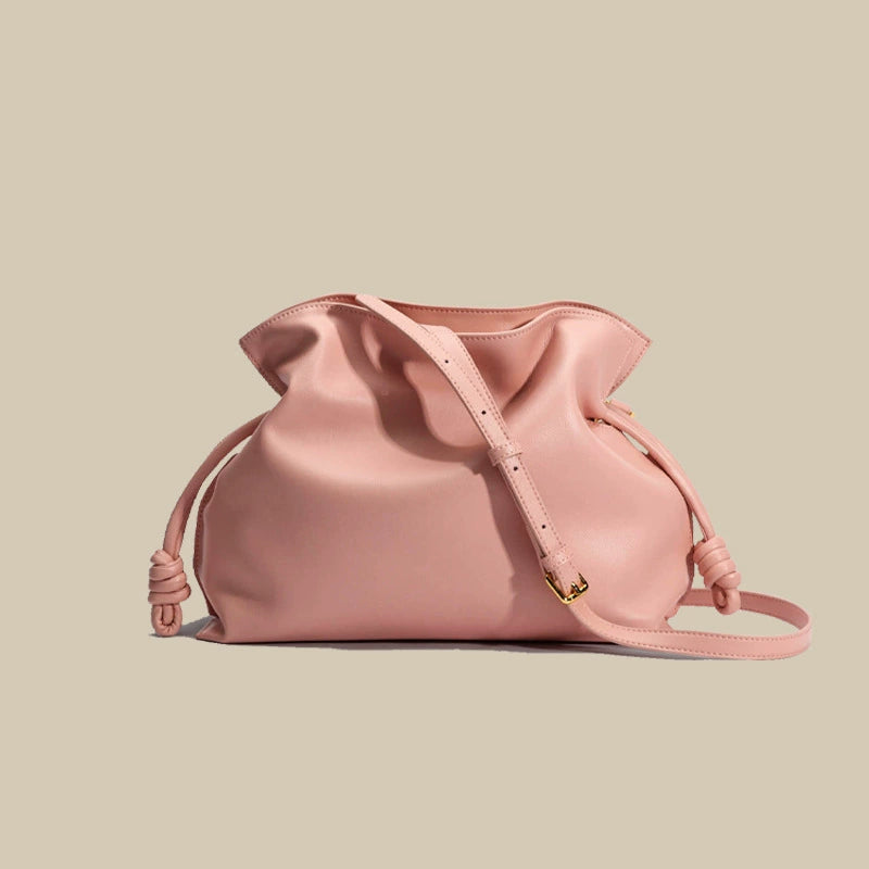 Soft Leather Drawstring Cloud Bag | Chic Pink Crossbody Shoulder Bag for Women