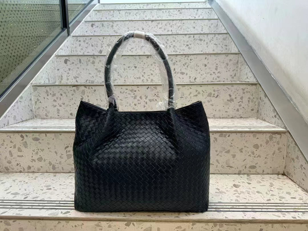 Black Woven Leather Tote Bag | Large Capacity Luxury Shoulder Handbag for Women