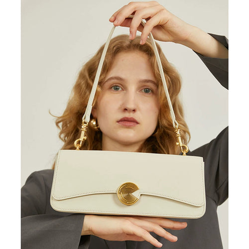 Cream Leather Flap Clutch Bag | Gold Spiral Clasp Slim Shoulder & Evening Bag for Women