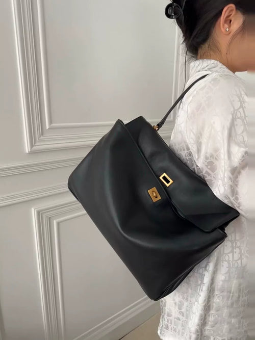 Black Leather Turn-Lock Shoulder Bag | Oversized Minimalist Work Handbag for Women