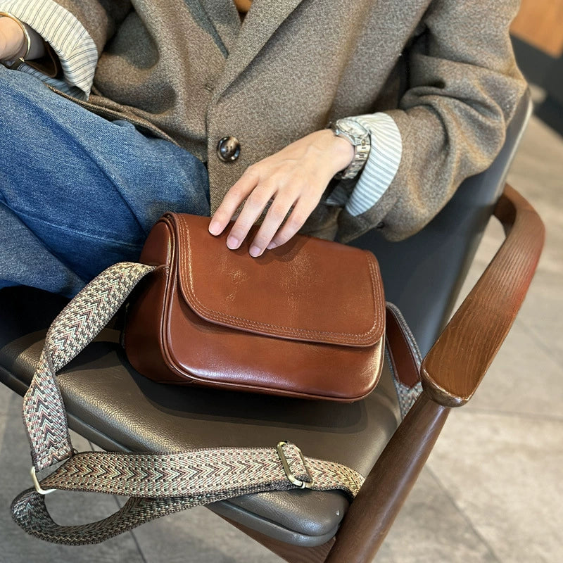 Vintage Brown Leather Crossbody Bag | Wide Woven Strap Mini Flap Shoulder Bag for Women