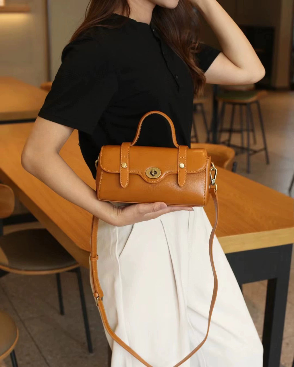 Tan Vintage Cylinder Bag | Antique Turn-Lock Mini Barrel Crossbody & Top Handle Handbag for Women