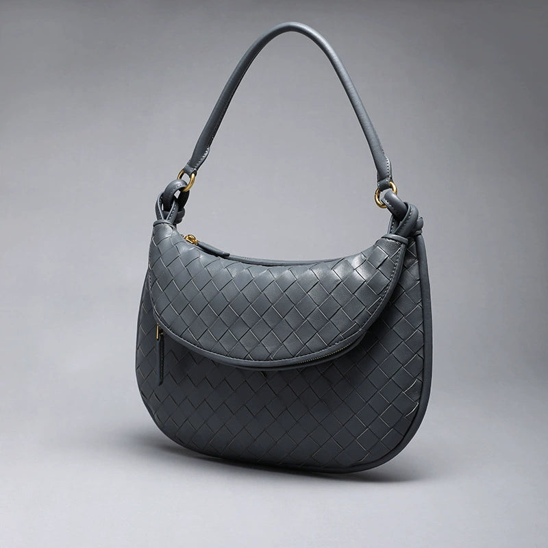 Woven Leather Half-Moon Shoulder Bag | Slate Blue Hobo Crossbody Handbag for Women