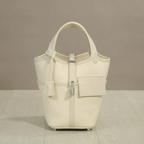 Cream Canvas Bucket Bag with Lock Charm | Structured Top Handle Women's Tote Handbag