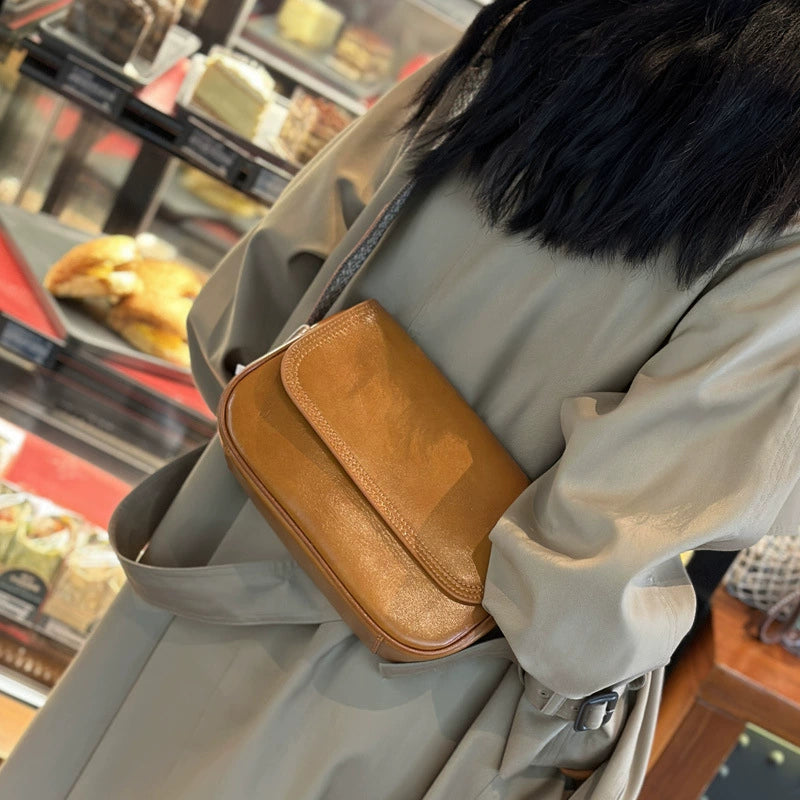 Vintage Brown Leather Crossbody Bag | Wide Woven Strap Mini Flap Shoulder Bag for Women