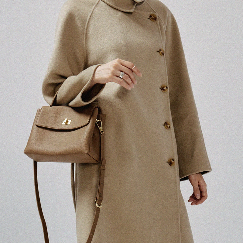 Khaki Pebbled Leather Mini Flap Bag | 2-in-1 Top Handle & Crossbody Handbag for Women
