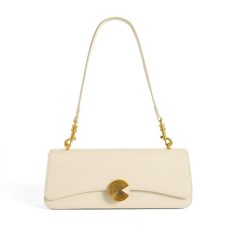 Cream Leather Flap Clutch Bag | Gold Spiral Clasp Slim Shoulder & Evening Bag for Women