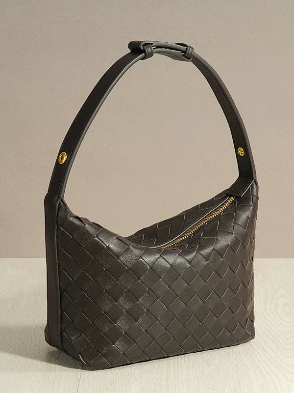 Black Woven Leather Hobo Bag | Large Zip-Top Interlace Shoulder Bag for Women