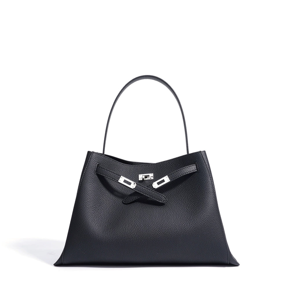 Black Pebbled Leather Shoulder Tote | Large Capacity Belt-Buckle Handbag for Women
