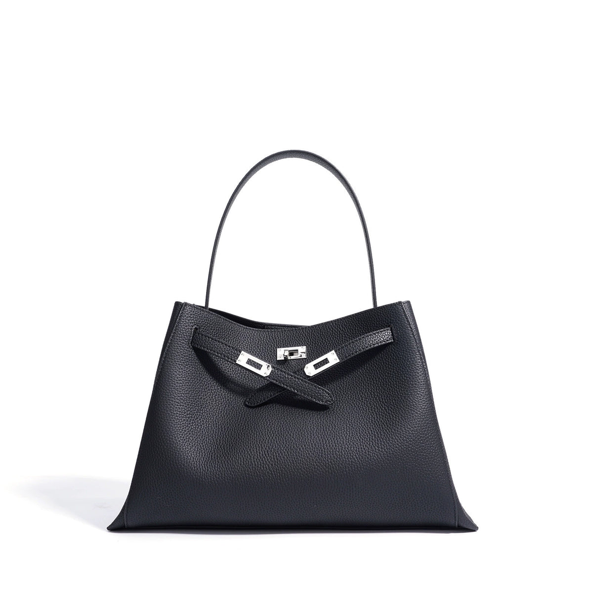 Black Pebbled Leather Shoulder Tote | Large Capacity Belt-Buckle Handbag for Women