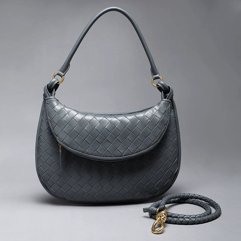 Woven Leather Half-Moon Shoulder Bag | Slate Blue Hobo Crossbody Handbag for Women
