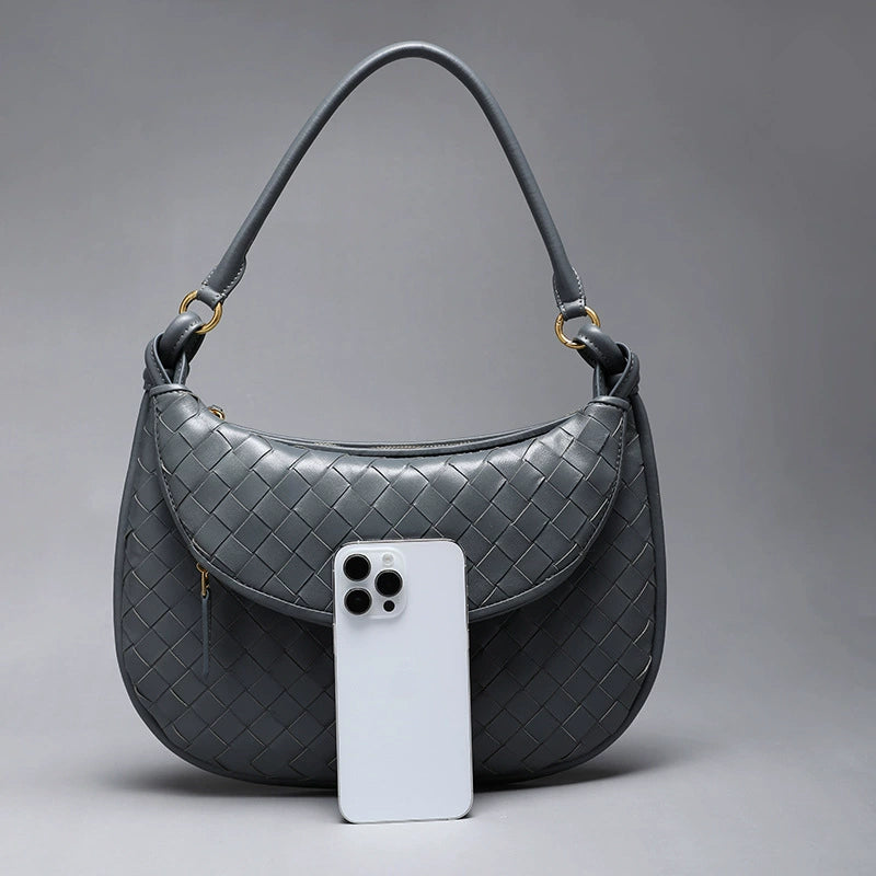 Woven Leather Half-Moon Shoulder Bag | Slate Blue Hobo Crossbody Handbag for Women