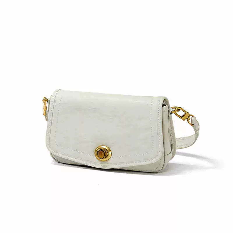Women's White Croc-Embossed Crossbody Bag – Gold Turn-Lock Flap