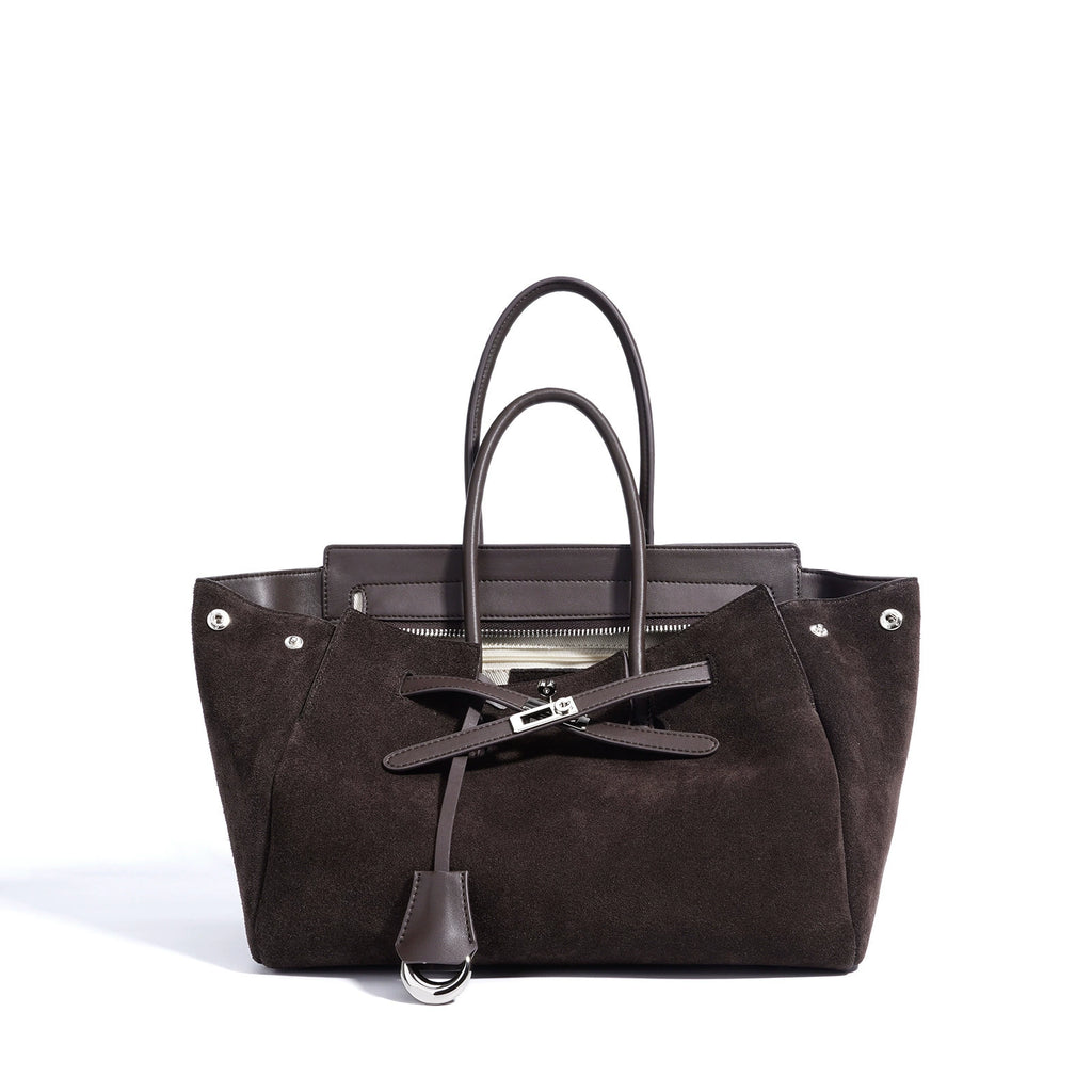 Brown Suede Wing Tote Bag | Belted Zip-Top Leather Handle Handbag for Women