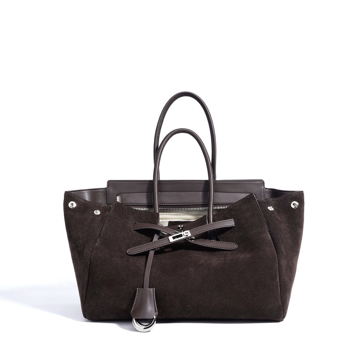 Brown Suede Wing Tote Bag | Belted Zip-Top Leather Handle Handbag for Women