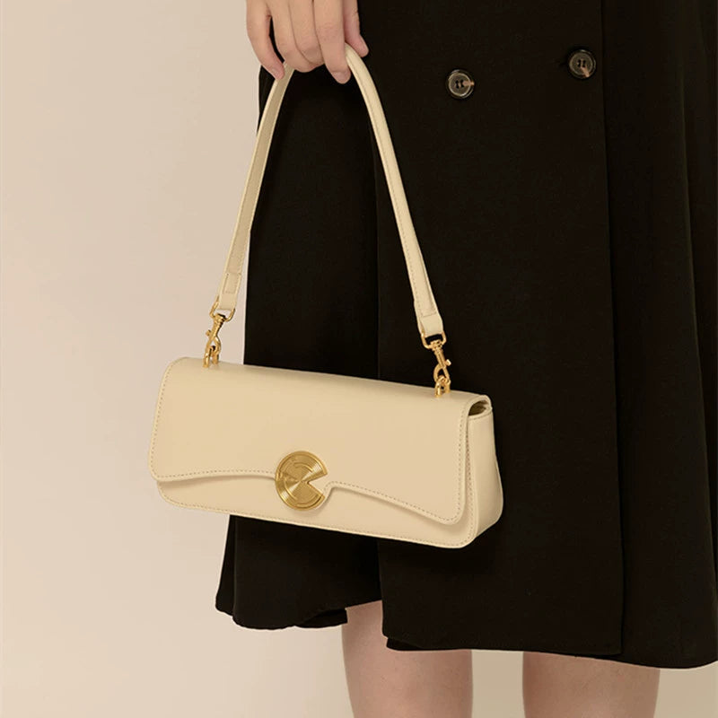 Cream Leather Flap Clutch Bag | Gold Spiral Clasp Slim Shoulder & Evening Bag for Women